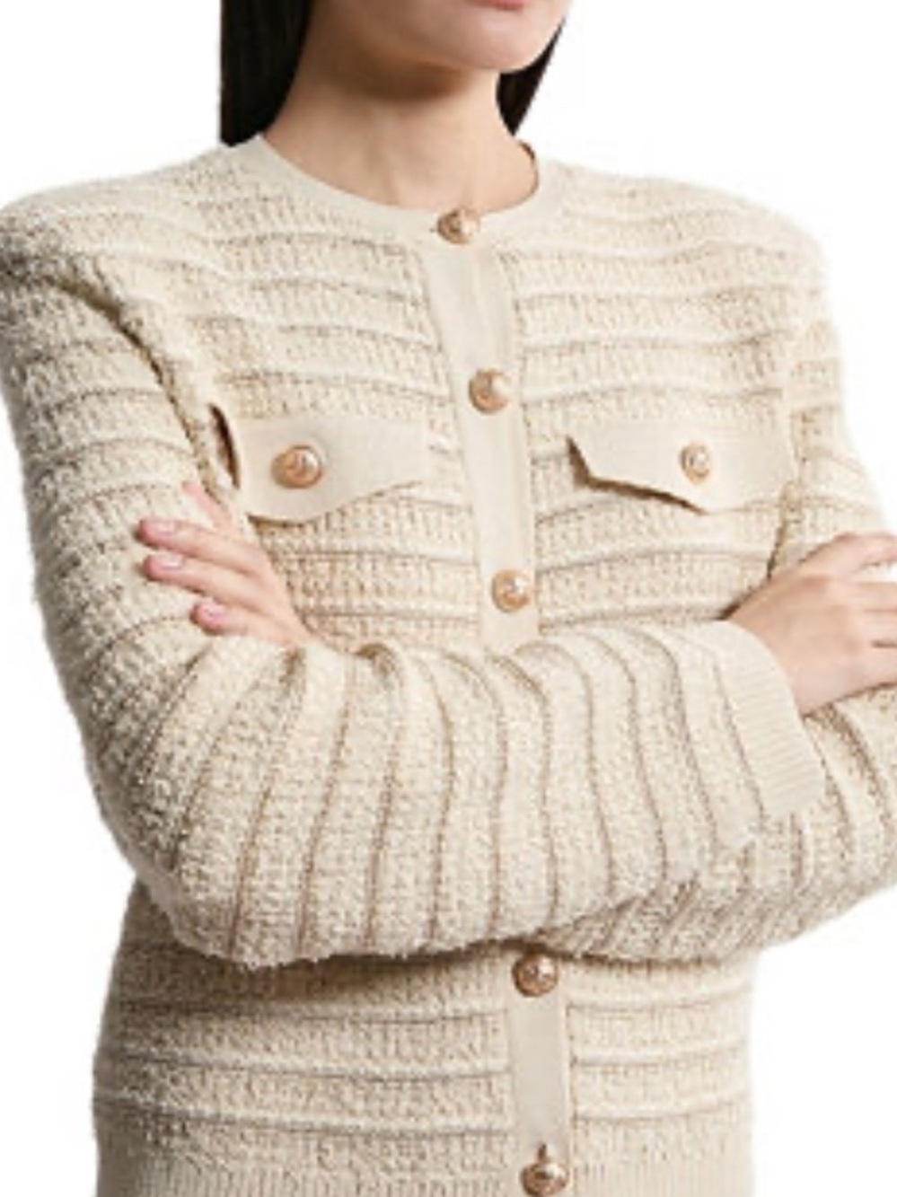 Karen Millen Cream Textured Button-Front Cardigan Sweater size large